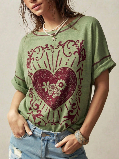 Bohemela Plus Size Casual Heart Print T-Shirt