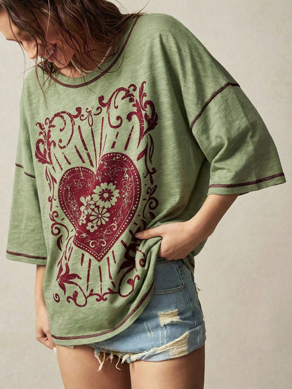 Bohemela Plus Size Casual Heart Print T-Shirt