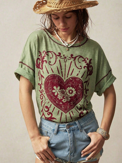 Bohemela Plus Size Casual Heart Print T-Shirt