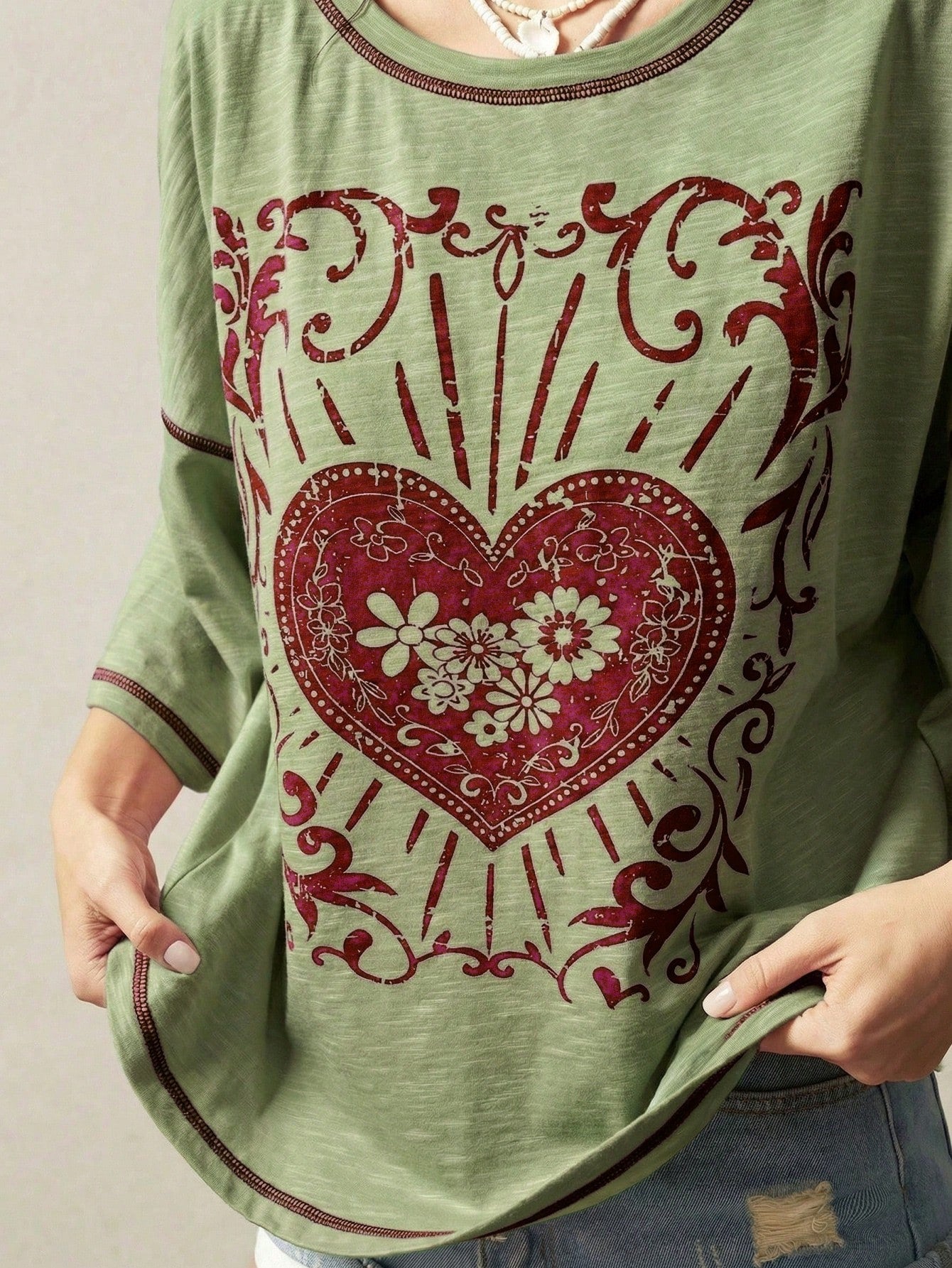 Bohemela Plus Size Casual Heart Print T-Shirt