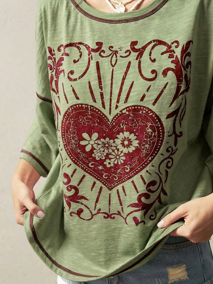 Bohemela Plus Size Casual Heart Print T-Shirt