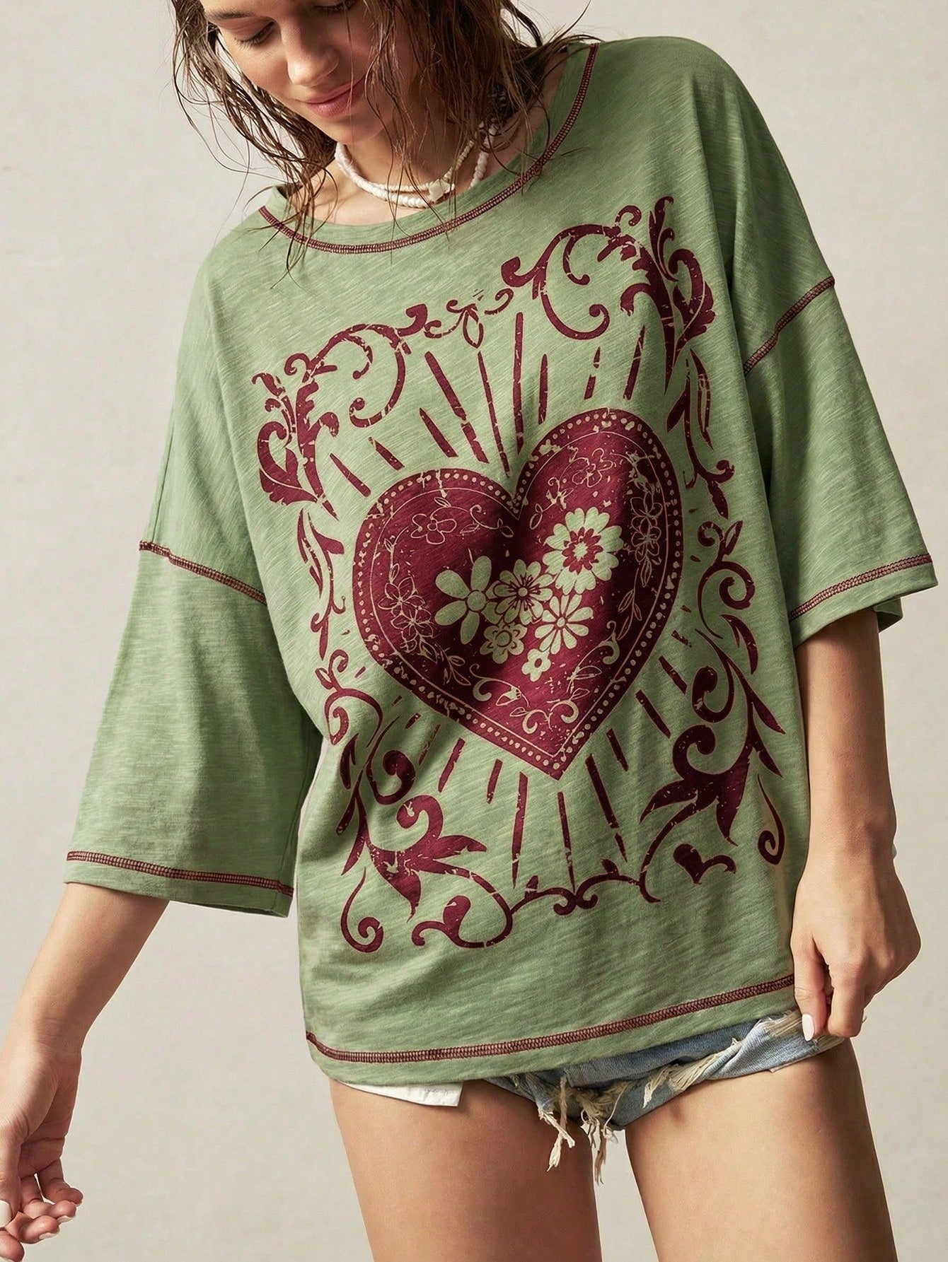 Bohemela Plus Size Casual Heart Print T-Shirt
