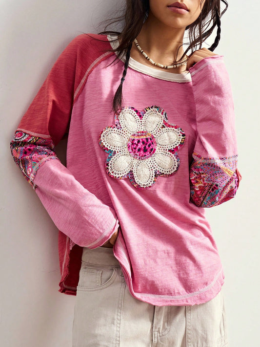 Bohemela Plus Size Crew Neck Raglan Sleeve Floral Graphic Loose Casual 1950s Vintage 90s Versatile T-Shirt/Autumn/ Plus Size Tops Vacation Office Pink