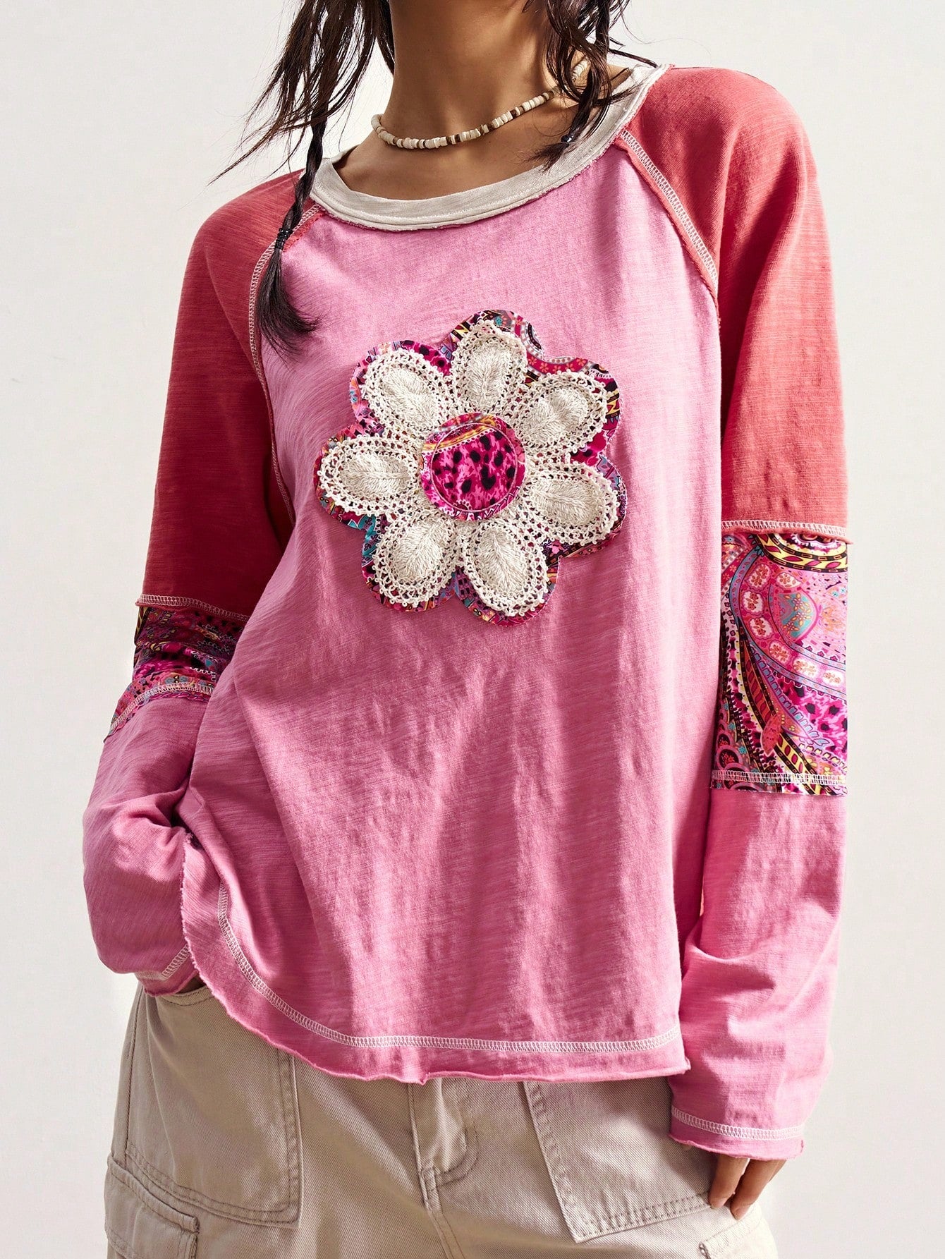 Bohemela Plus Size Crew Neck Raglan Sleeve Floral Graphic Loose Casual 1950s Vintage 90s Versatile T-Shirt/Autumn/ Plus Size Tops Vacation Office Pink