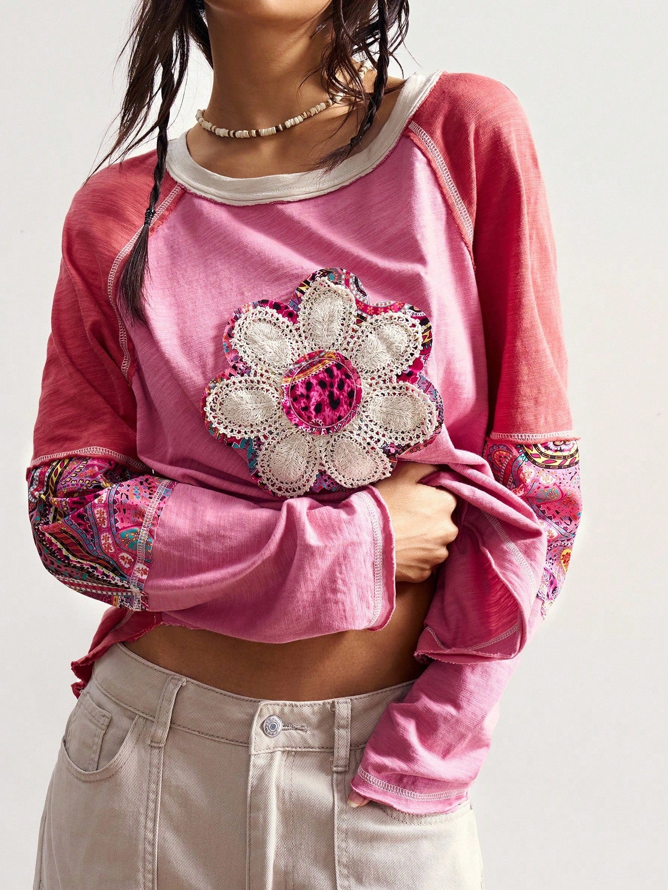 Bohemela Plus Size Crew Neck Raglan Sleeve Floral Graphic Loose Casual 1950s Vintage 90s Versatile T-Shirt/Autumn/ Plus Size Tops Vacation Office Pink