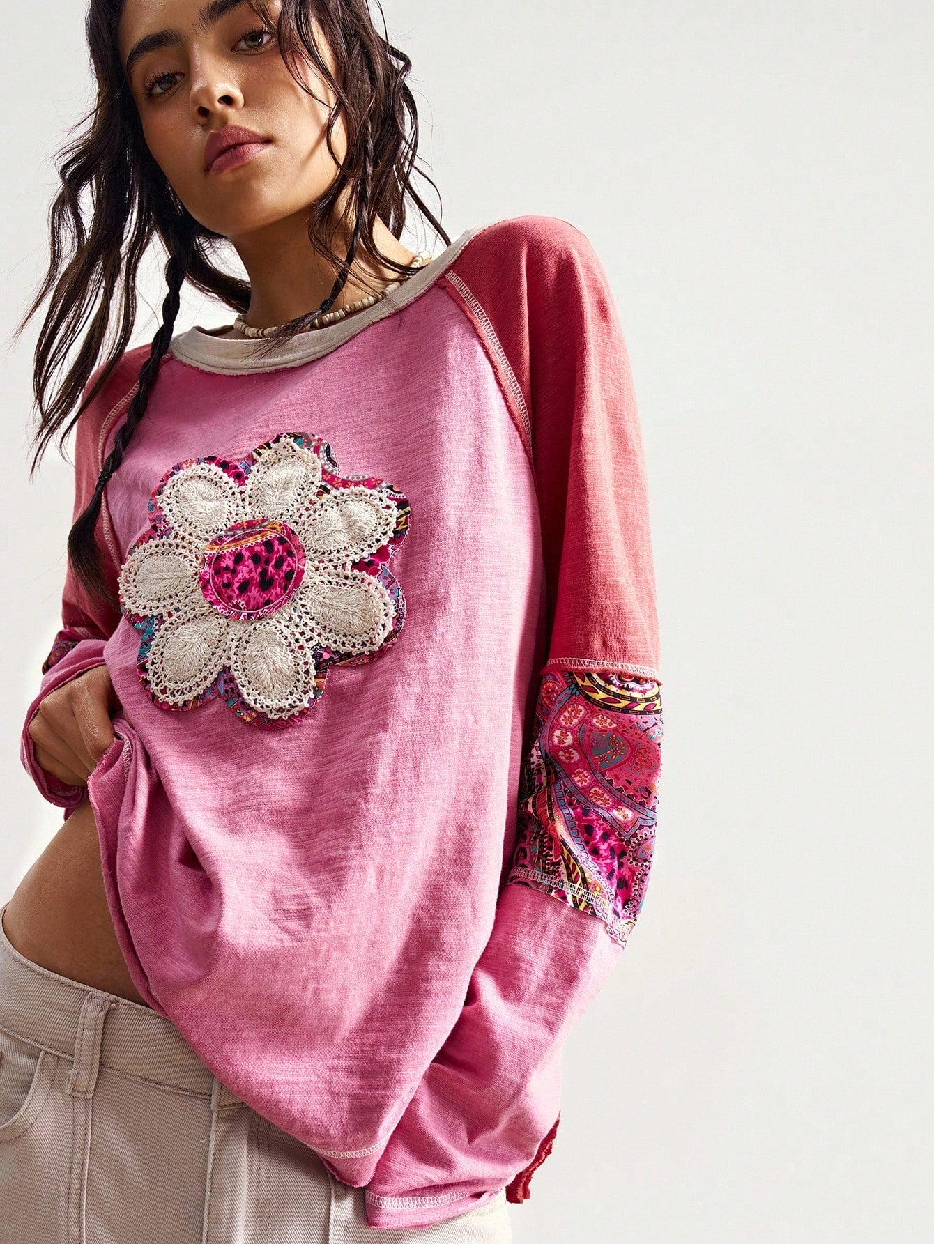 Bohemela Plus Size Crew Neck Raglan Sleeve Floral Graphic Loose Casual 1950s Vintage 90s Versatile T-Shirt/Autumn/ Plus Size Tops Vacation Office Pink