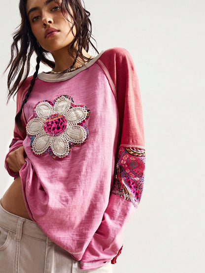 Bohemela Plus Size Crew Neck Raglan Sleeve Floral Graphic Loose Casual 1950s Vintage 90s Versatile T-Shirt/Autumn/ Plus Size Tops Vacation Office Pink