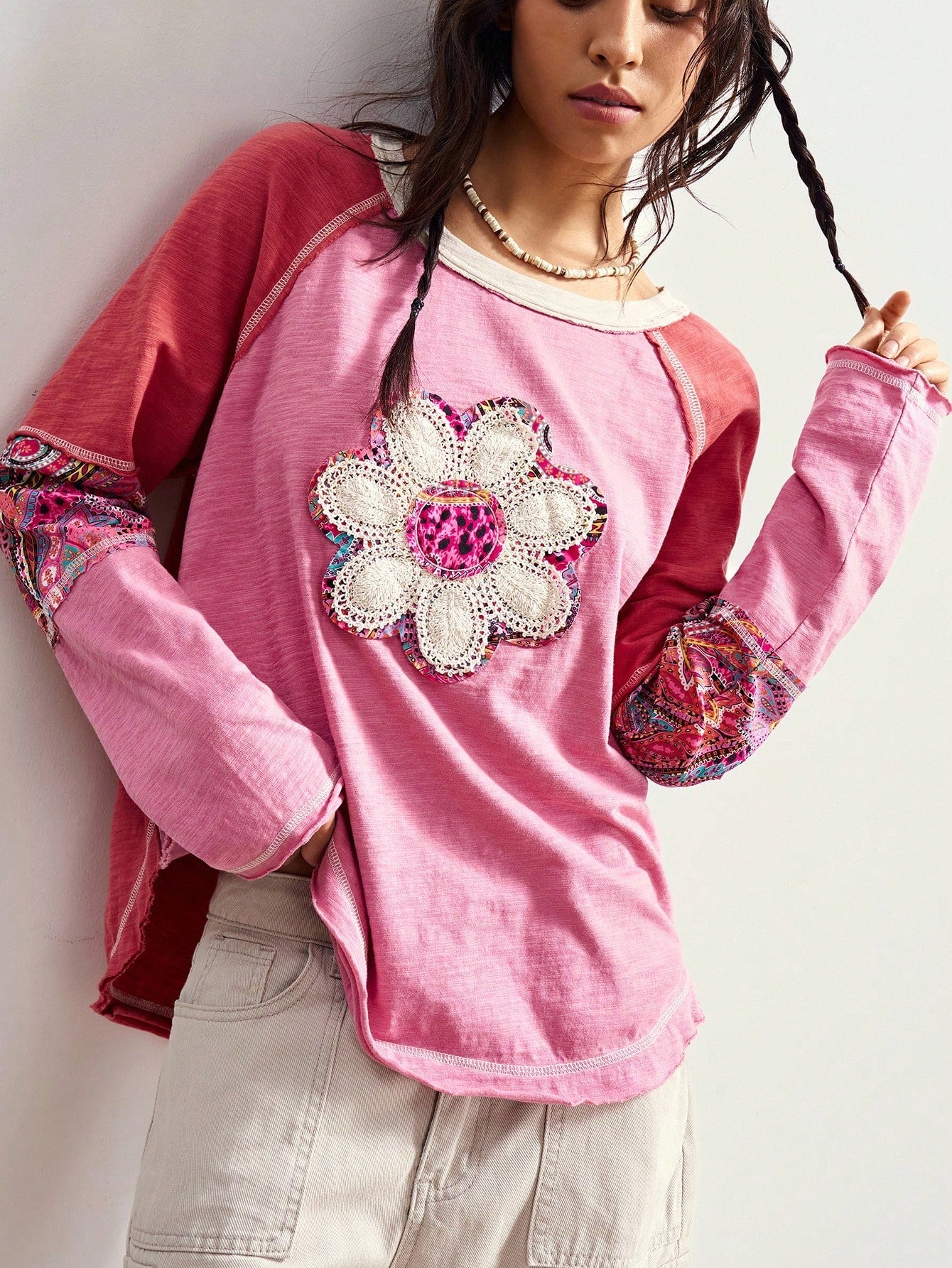 Bohemela Plus Size Crew Neck Raglan Sleeve Floral Graphic Loose Casual 1950s Vintage 90s Versatile T-Shirt/Autumn/ Plus Size Tops Vacation Office Pink