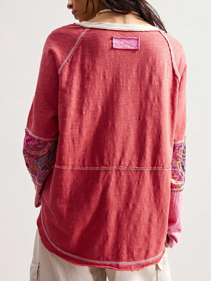 Bohemela Plus Size Crew Neck Raglan Sleeve Floral Graphic Loose Casual 1950s Vintage 90s Versatile T-Shirt/Autumn/ Plus Size Tops Vacation Office Pink