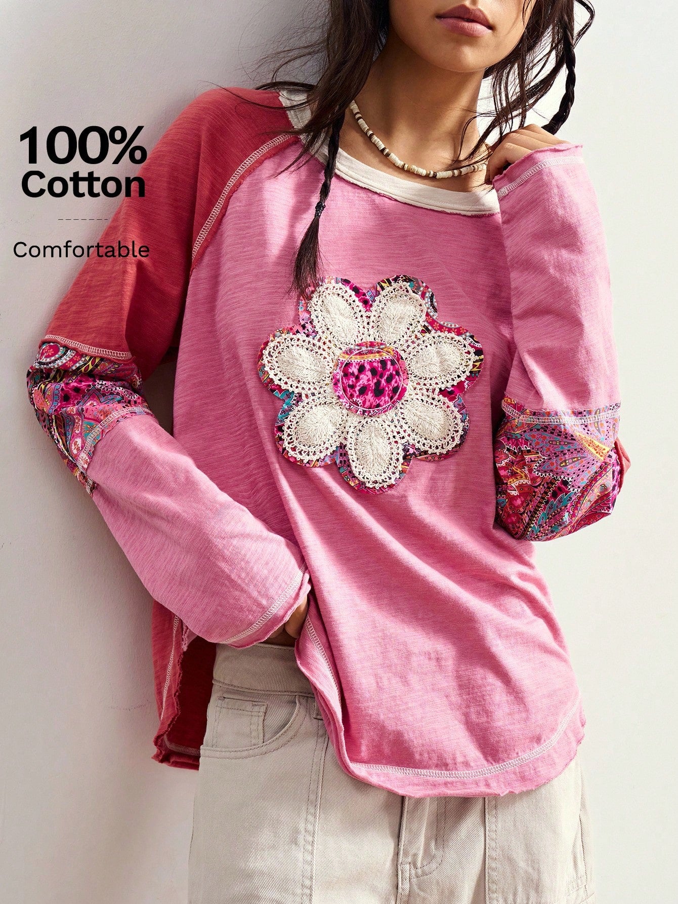 Bohemela Plus Size Crew Neck Raglan Sleeve Floral Graphic Loose Casual 1950s Vintage 90s Versatile T-Shirt/Autumn/ Plus Size Tops Vacation Office Pink