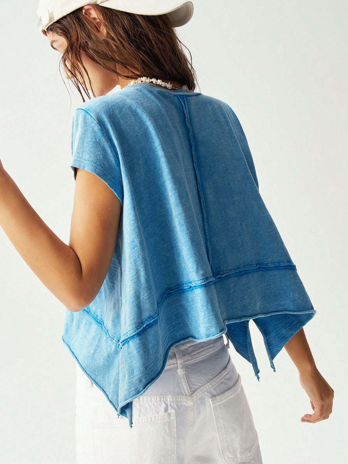 Bohemela Women Casual Solid Color Knitted Round Neck Short Sleeve Asymmetrical Hem T-Shirt