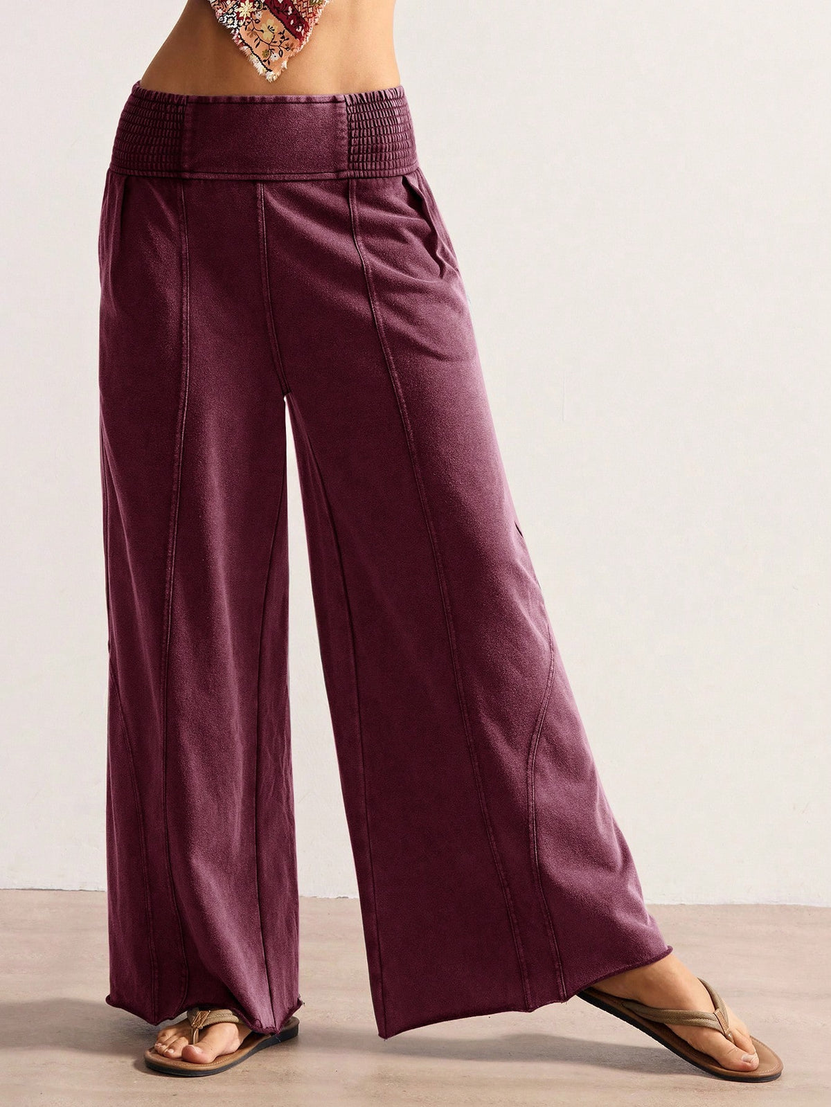Bohemela Women's Casual Solid Color Knit Loose Wide Leg Washed Pants
