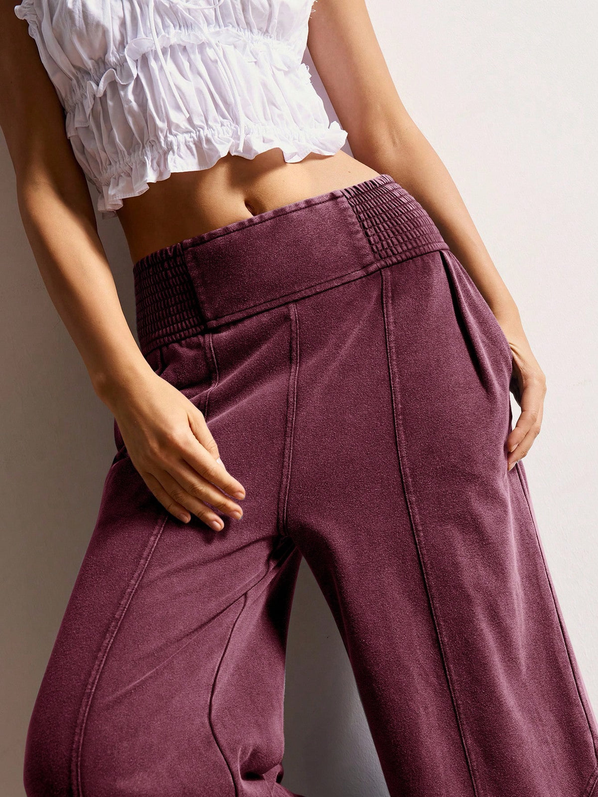 Bohemela Women's Casual Solid Color Knit Loose Wide Leg Washed Pants