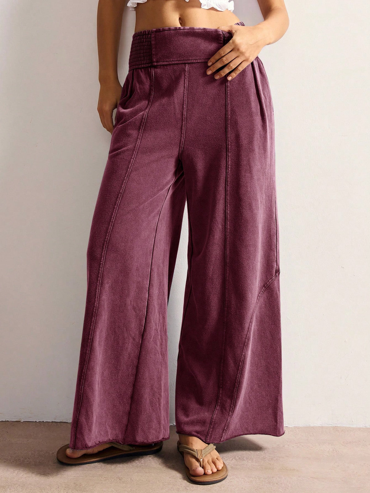 Bohemela Women's Casual Solid Color Knit Loose Wide Leg Washed Pants