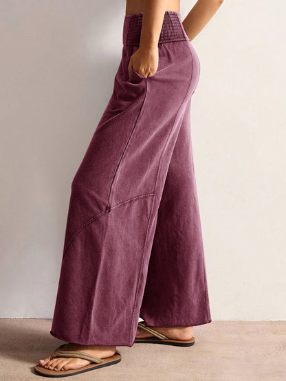 Bohemela Women's Casual Solid Color Knit Loose Wide Leg Washed Pants