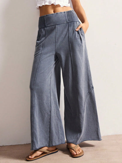 Bohemela Women's Casual Solid Color Knit Loose Wide Leg Washed Pants