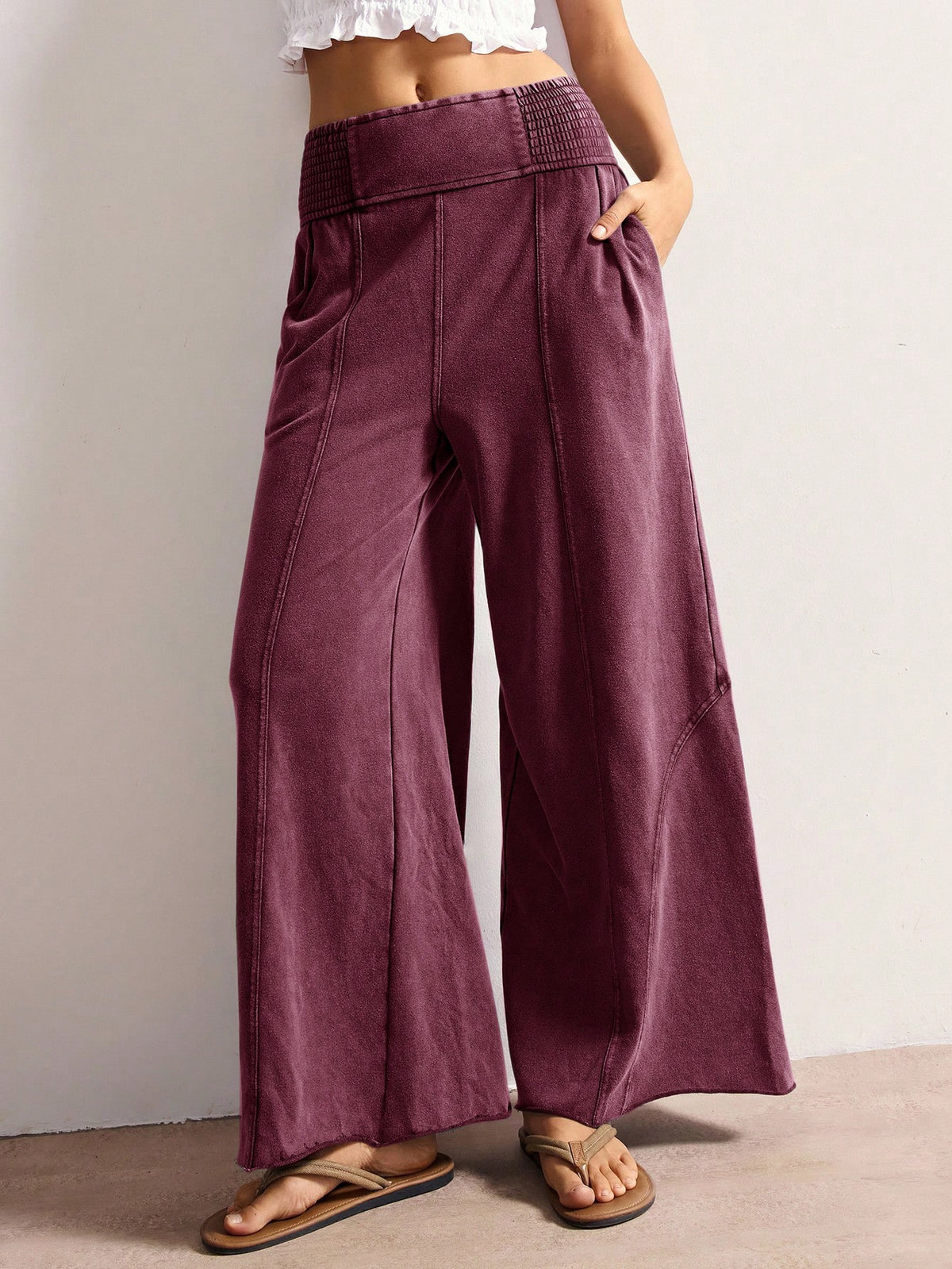 Bohemela Women's Casual Solid Color Knit Loose Wide Leg Washed Pants