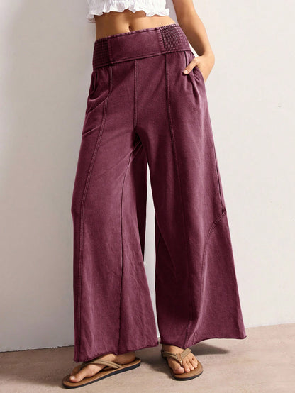 Bohemela Women's Casual Solid Color Knit Loose Wide Leg Washed Pants