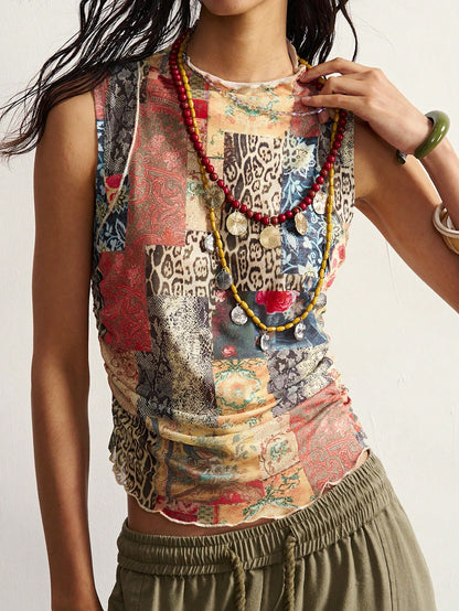 Bohemela Women's Summer Boho Vacation Tank Top, Vintage Leopard Floral Patchwork Printed Knit Mesh Sleeveless Chic Y2k For Beach Party