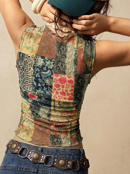 Bohemela Women's Summer Boho Vacation Tank Top, Vintage Leopard Floral Patchwork Printed Knit Mesh Sleeveless Chic Y2k For Beach Party