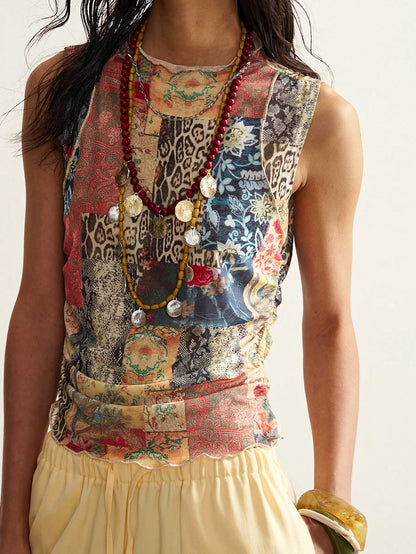 Bohemela Women's Summer Boho Vacation Tank Top, Vintage Leopard Floral Patchwork Printed Knit Mesh Sleeveless Chic Y2k For Beach Party