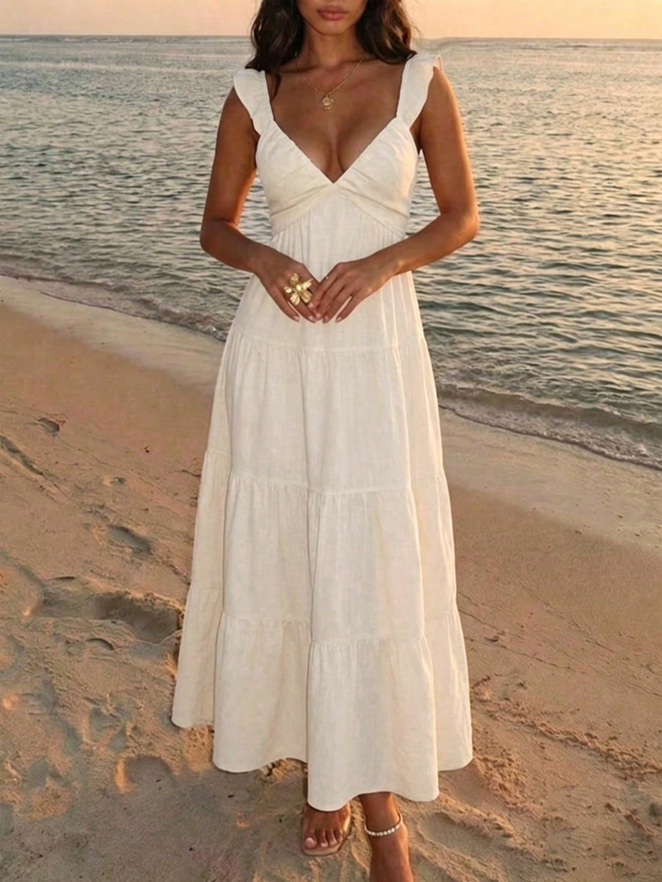 Bohemian Pleated Ruffle Women's Dress, Summer Vacation Style Elegant Spaghetti Strap A-Line Casual Long Dress