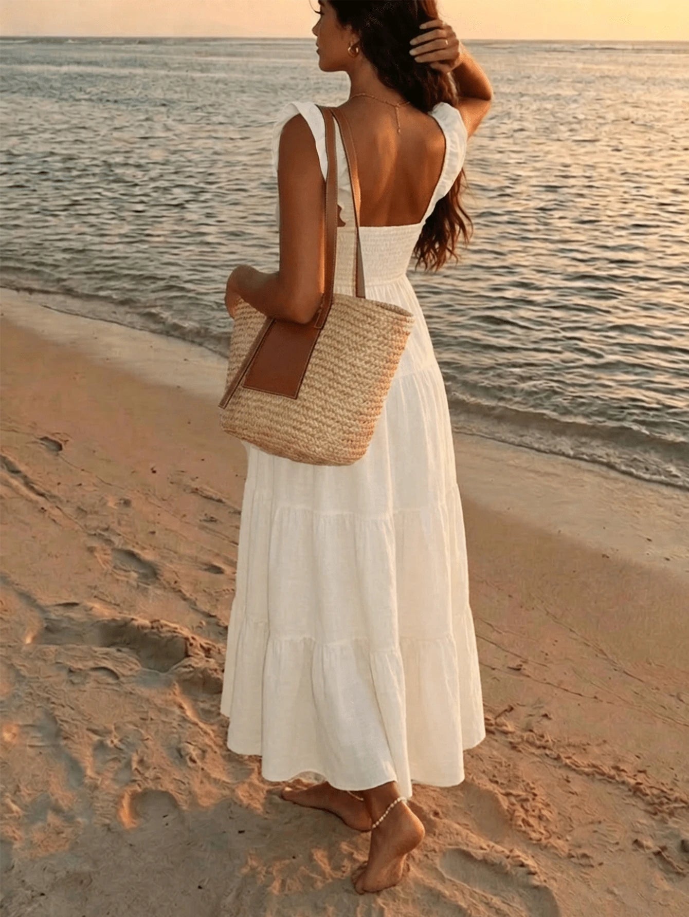 Bohemian Pleated Ruffle Women's Dress, Summer Vacation Style Elegant Spaghetti Strap A-Line Casual Long Dress