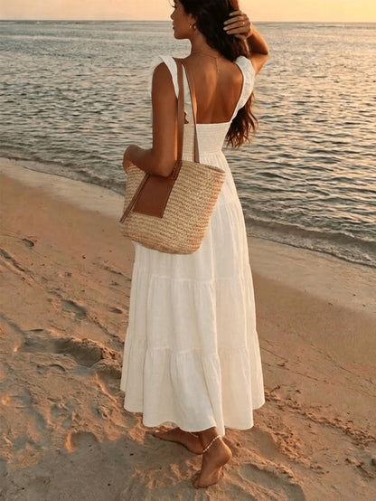 Bohemian Pleated Ruffle Women's Dress, Summer Vacation Style Elegant Spaghetti Strap A-Line Casual Long Dress