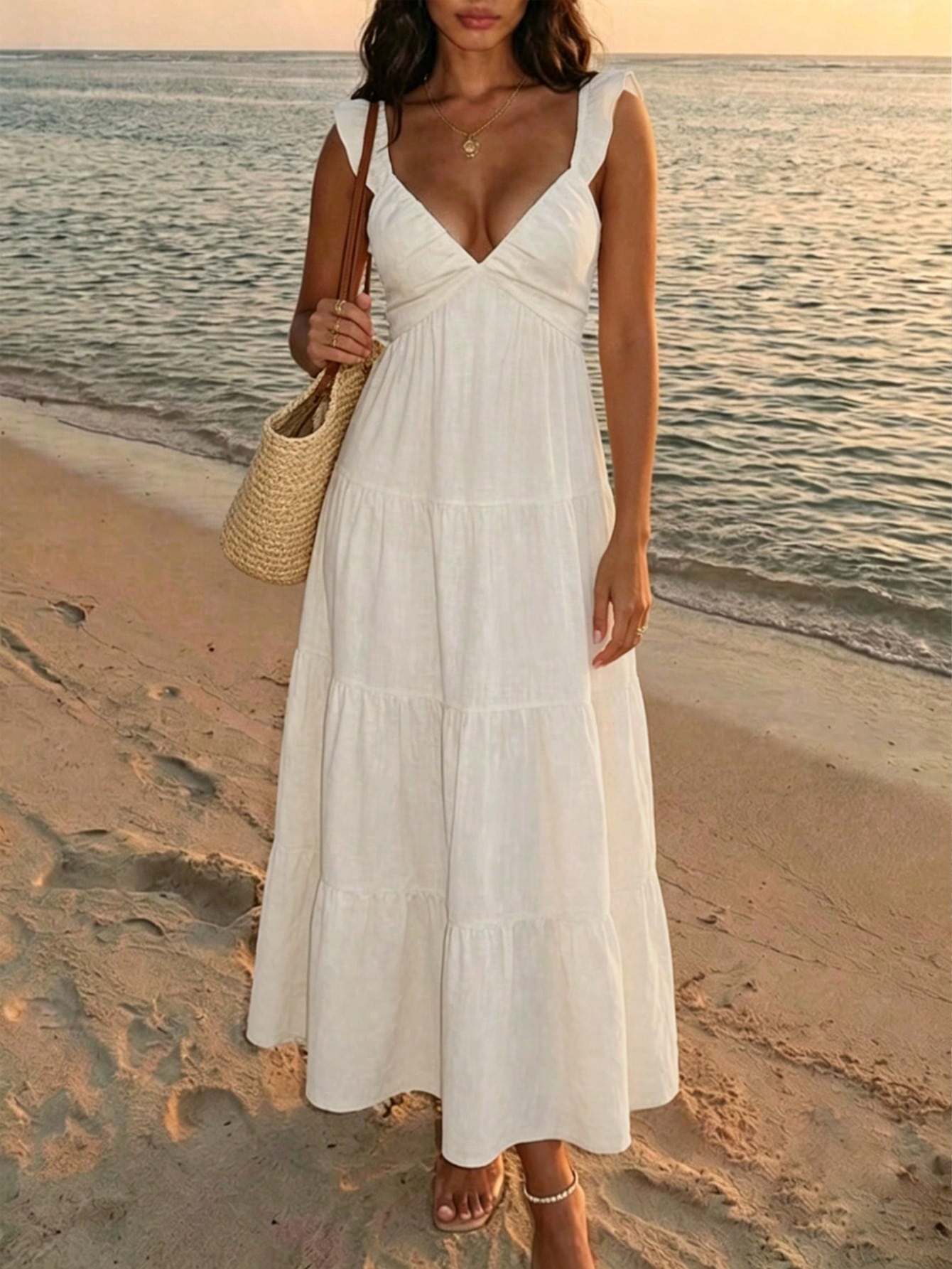 Bohemian Pleated Ruffle Women's Dress, Summer Vacation Style Elegant Spaghetti Strap A-Line Casual Long Dress
