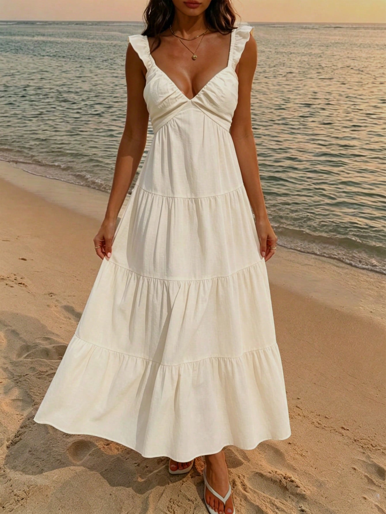 Bohemian Pleated Ruffle Women's Dress, Summer Vacation Style Elegant Spaghetti Strap A-Line Casual Long Dress