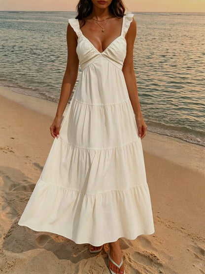 Bohemian Pleated Ruffle Women's Dress, Summer Vacation Style Elegant Spaghetti Strap A-Line Casual Long Dress