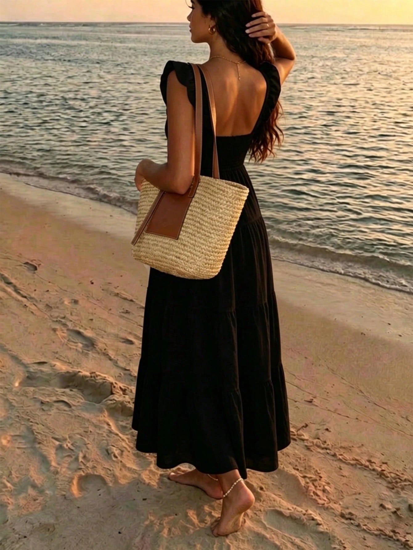 Bohemian Pleated Ruffle Women's Dress, Summer Vacation Style Elegant Spaghetti Strap A-Line Casual Long Dress