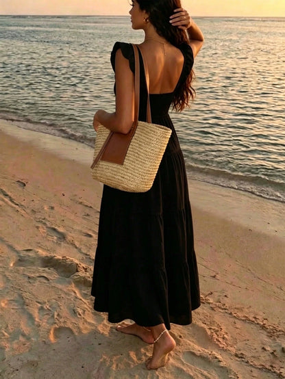 Bohemian Pleated Ruffle Women's Dress, Summer Vacation Style Elegant Spaghetti Strap A-Line Casual Long Dress