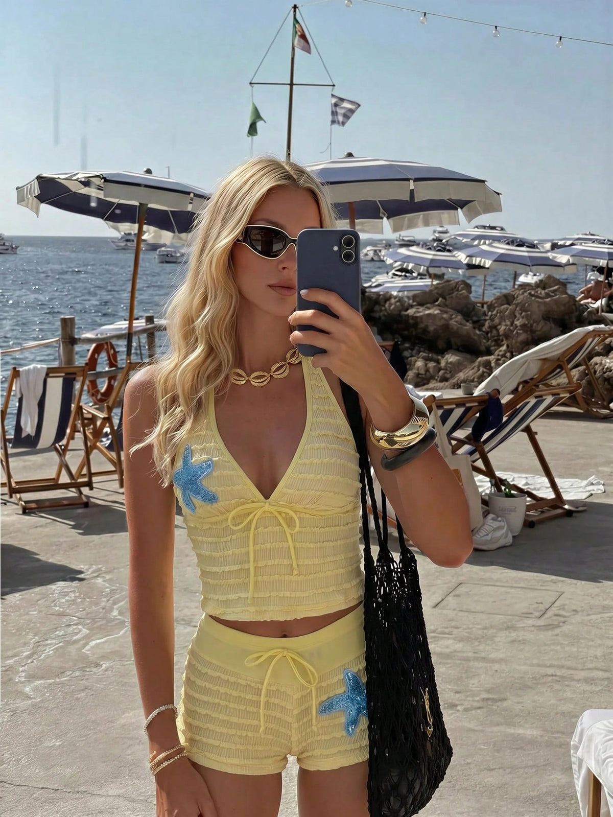 Bonvoyette New Spring Summer Goose Yellow Textured Fabric Decorated With Glowing Blue Ocean Starfish V-Neck Spaghetti Strap Tie-Up Short Shorts Bikini Set For Women, Beach Vacation Tank Top And Bikini