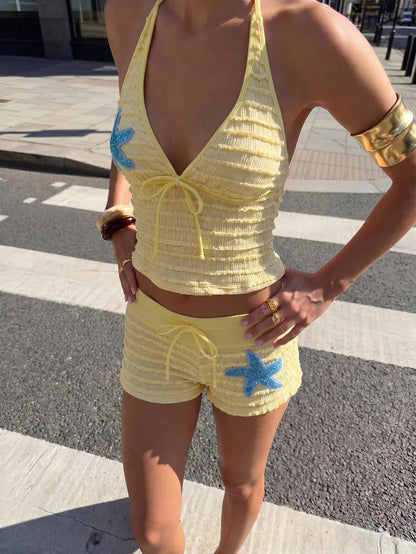Bonvoyette New Spring Summer Goose Yellow Textured Fabric Decorated With Glowing Blue Ocean Starfish V-Neck Spaghetti Strap Tie-Up Short Shorts Bikini Set For Women, Beach Vacation Tank Top And Bikini