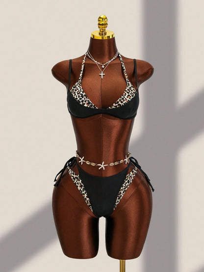 Bonvoyette Summer New 2-Piece Women's Swimsuit Set, Black With Leopard Print Random Print 2 In 1 Halter Neck Tie Top And Side Tie Swim Bottoms, Sexy Beach Sand Swimming Pool Vacation Outfit For Women