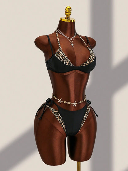 Bonvoyette Summer New 2-Piece Women's Swimsuit Set, Black With Leopard Print Random Print 2 In 1 Halter Neck Tie Top And Side Tie Swim Bottoms, Sexy Beach Sand Swimming Pool Vacation Outfit For Women