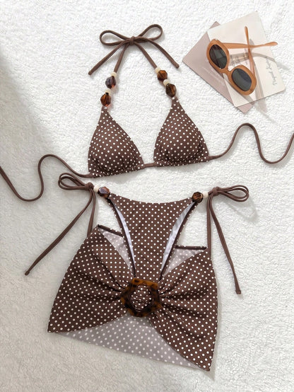 Bonvoyette Women's New Textured Fabric Sexy Beaded Bikini Set Beach Wear Vacation Pool Summer
