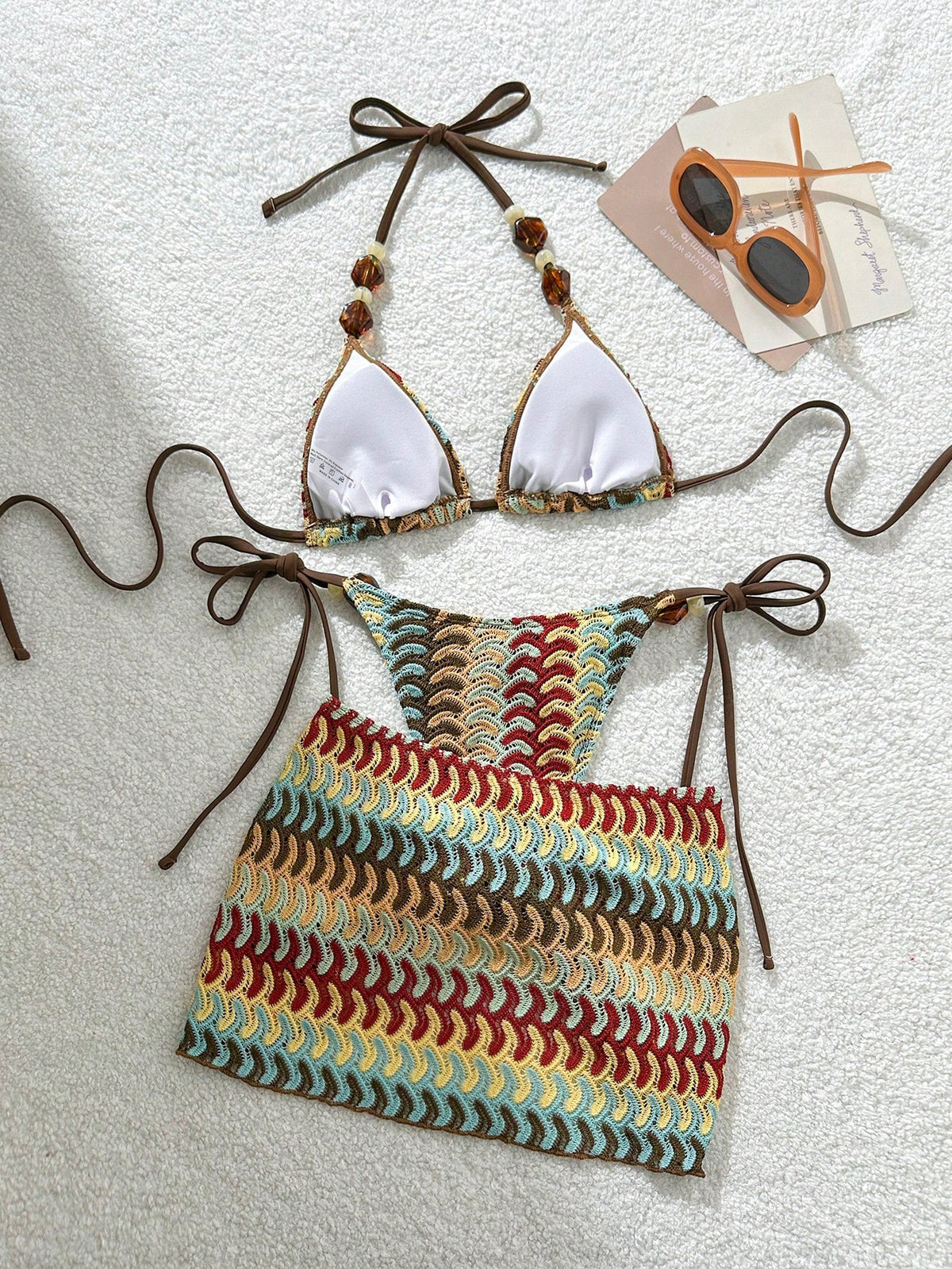 Bonvoyette Women's New Textured Fabric Sexy Beaded Bikini Set Beach Wear Vacation Pool Summer
