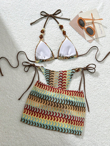 Bonvoyette Women's New Textured Fabric Sexy Beaded Bikini Set Beach Wear Vacation Pool Summer