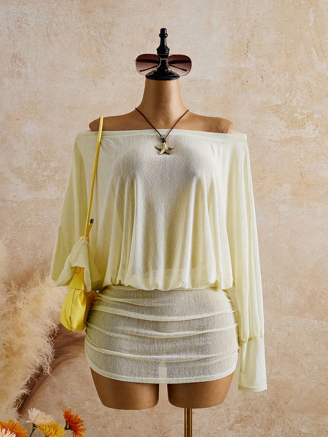 Bonvoyette Women's Solid Color Off-Shoulder Long Sleeve Pleated Coverup Dress, Vacation