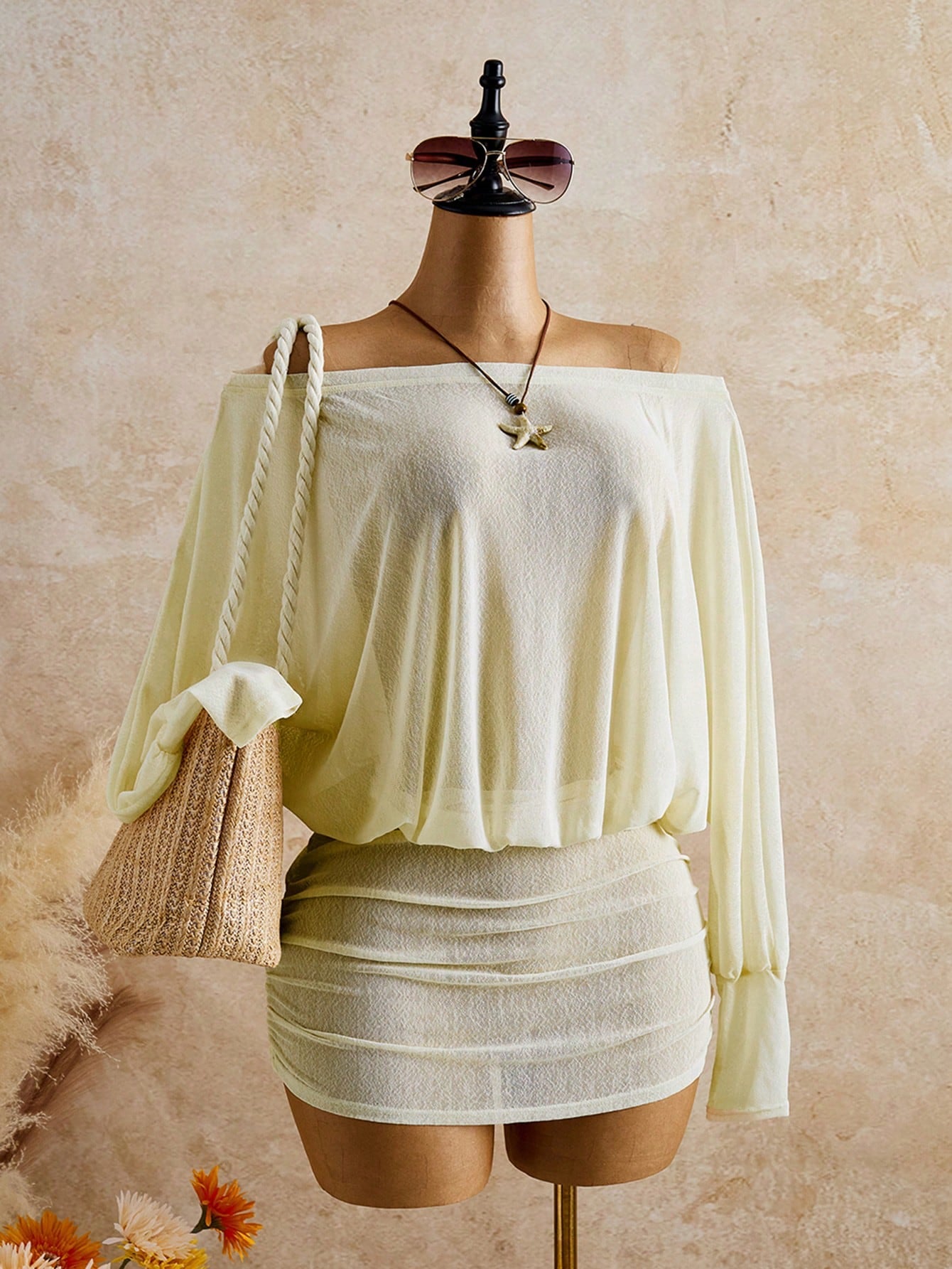 Bonvoyette Women's Solid Color Off-Shoulder Long Sleeve Pleated Coverup Dress, Vacation