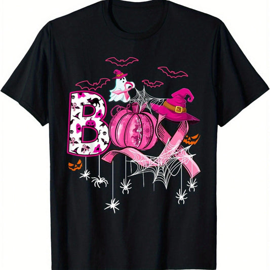 Boo Halloween Pumpkin Pink Ribbon Witch Breast Cancer T-Shirt, Loose Fit Printed T-Shirt, Festive Attire, Suitable For Family Fun.