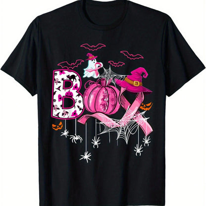 Boo Halloween Pumpkin Pink Ribbon Witch Breast Cancer T-Shirt, Loose Fit Printed T-Shirt, Festive Attire, Suitable For Family Fun.