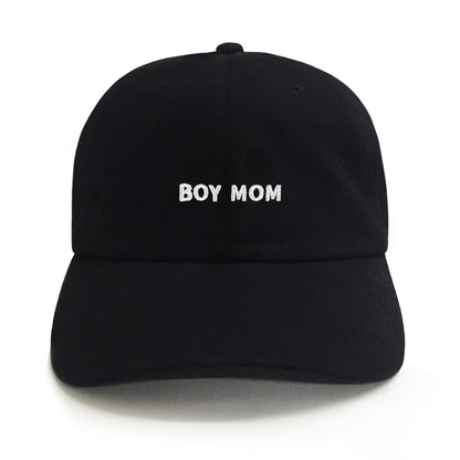 Boy Mom Hat – Black embroidered “BOY MOM” cap with adjustable strap. A comfortable, everyday mom hat and thoughtful gift from Dad Brand.