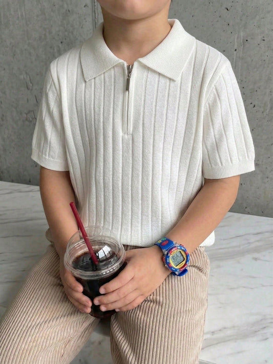 Boys' Back To School Preppy Solid Cable Knit Short Sleeve Half-Zip Thin Polo Sweater, Suitable For School Daily Wear In Summer And Autumn
