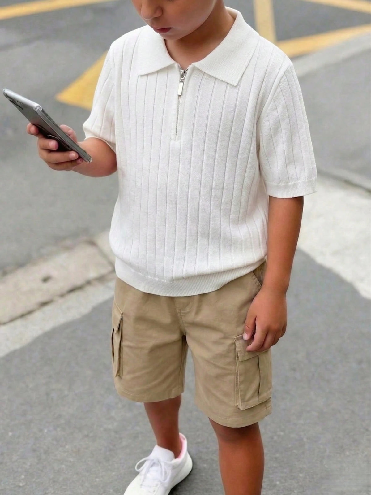 Boys' Back To School Preppy Solid Cable Knit Short Sleeve Half-Zip Thin Polo Sweater, Suitable For School Daily Wear In Summer And Autumn