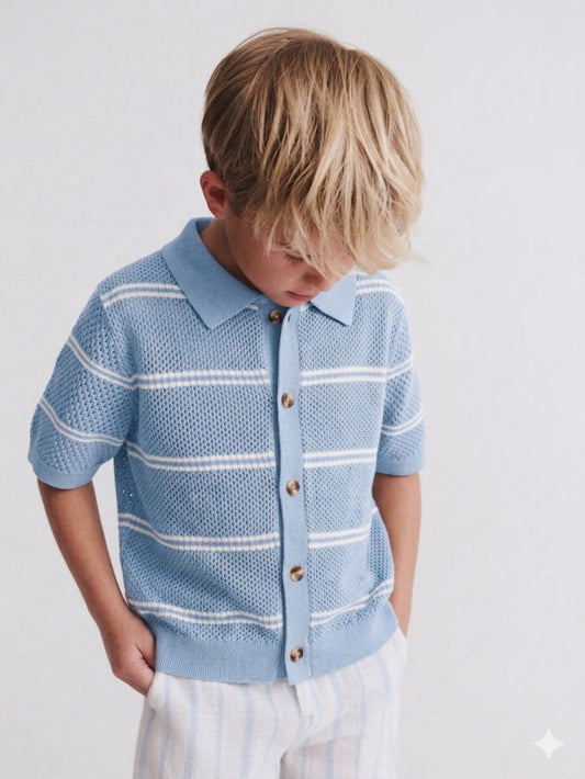Boys' Casual Striped Hollow Out Collar Knit Sweater Short Sleeve Lightweight Pullover, Suitable For School, Daily Wear, Spring, Summer, Autumn
