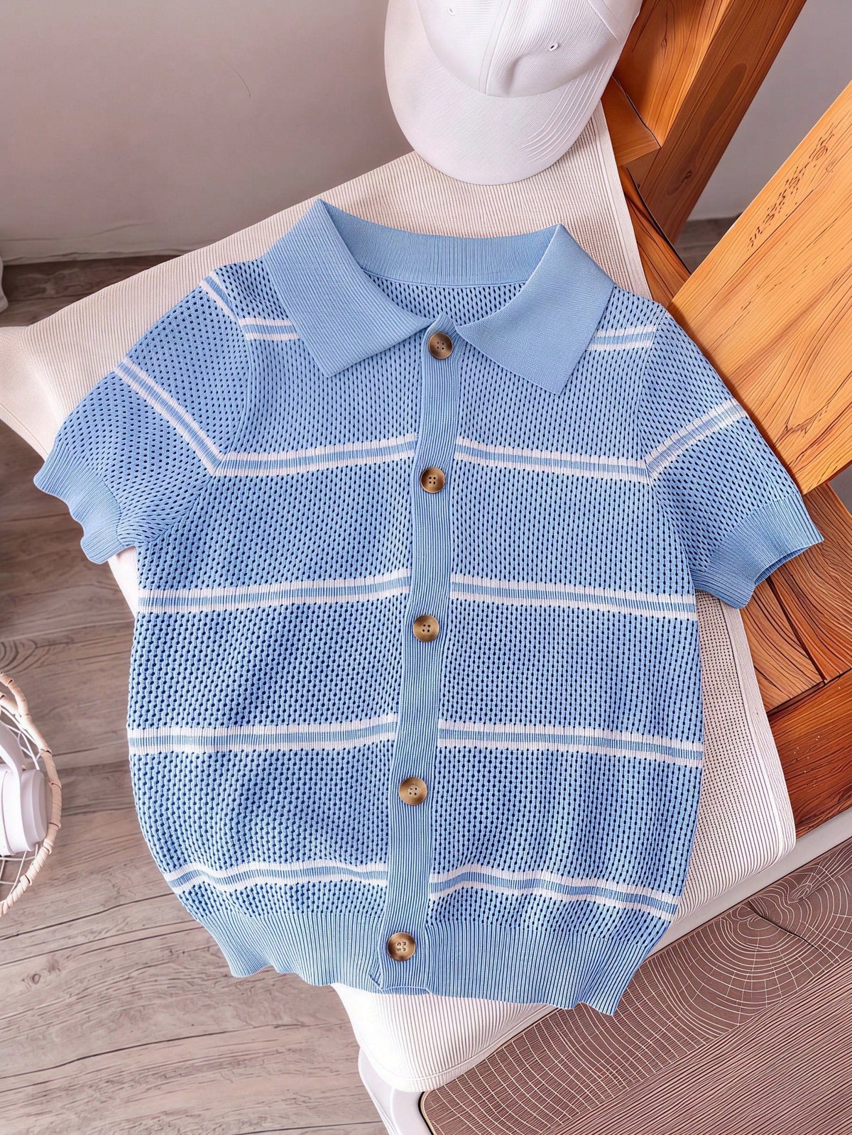 Boys' Casual Striped Hollow Out Collar Knit Sweater Short Sleeve Lightweight Pullover, Suitable For School, Daily Wear, Spring, Summer, Autumn