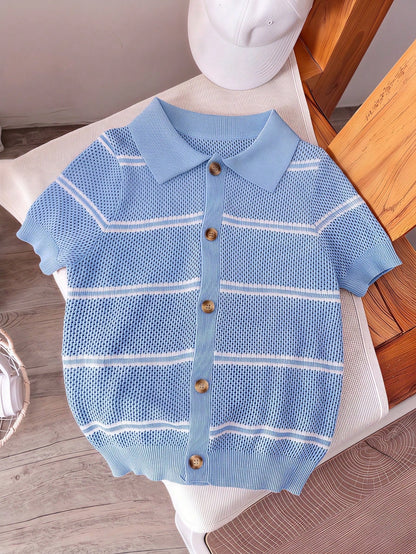 Boys' Casual Striped Hollow Out Collar Knit Sweater Short Sleeve Lightweight Pullover, Suitable For School, Daily Wear, Spring, Summer, Autumn